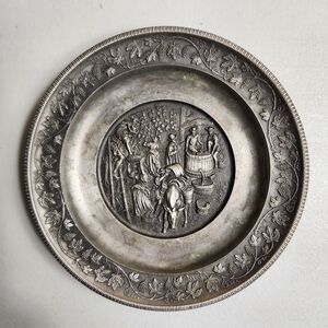West German SKS-ZINN Decorative Small Wine Making Scene Pewter Plate 4 1/4"
